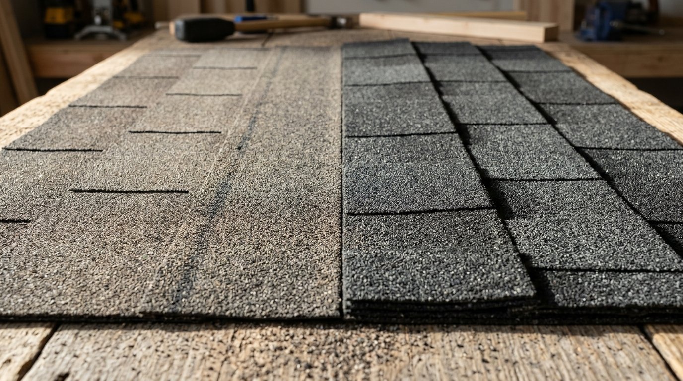 Close-up side-by-side comparison of single-layer 3-tab shingles and multi-layer dimensional architectural shingles