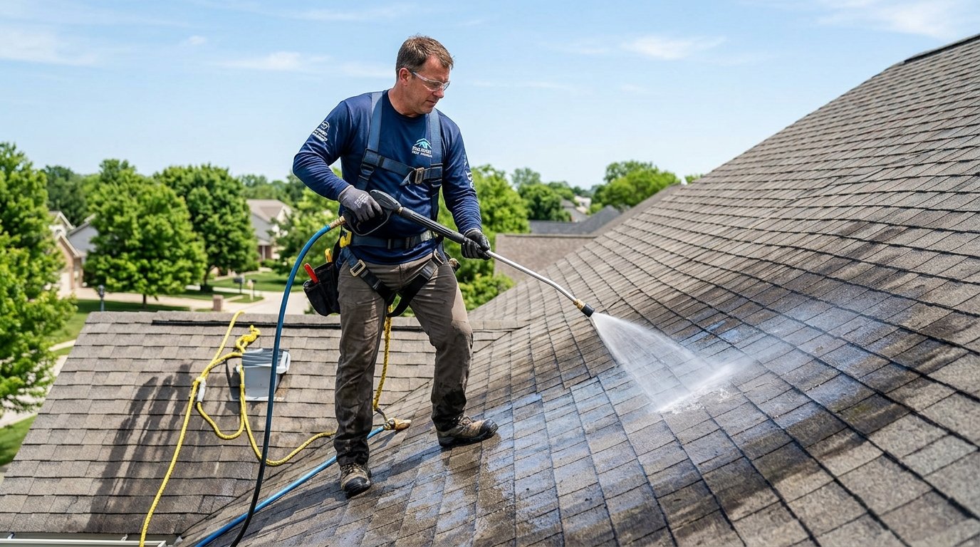 Roofer softly rinsing algae and moss cleaning solution off an asphalt shingle roof using gentle garden hose pressure
