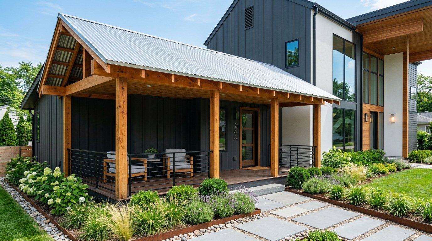 Modern residential home porch extension featuring corrugated metal roof panels with sinusoidal wave profile