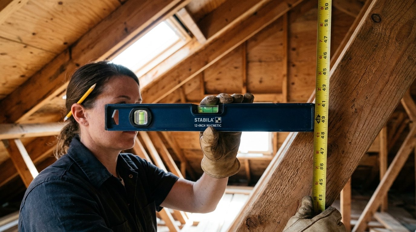 Measuring roof pitch using a 12-inch level and tape measure against an attic wooden rafter