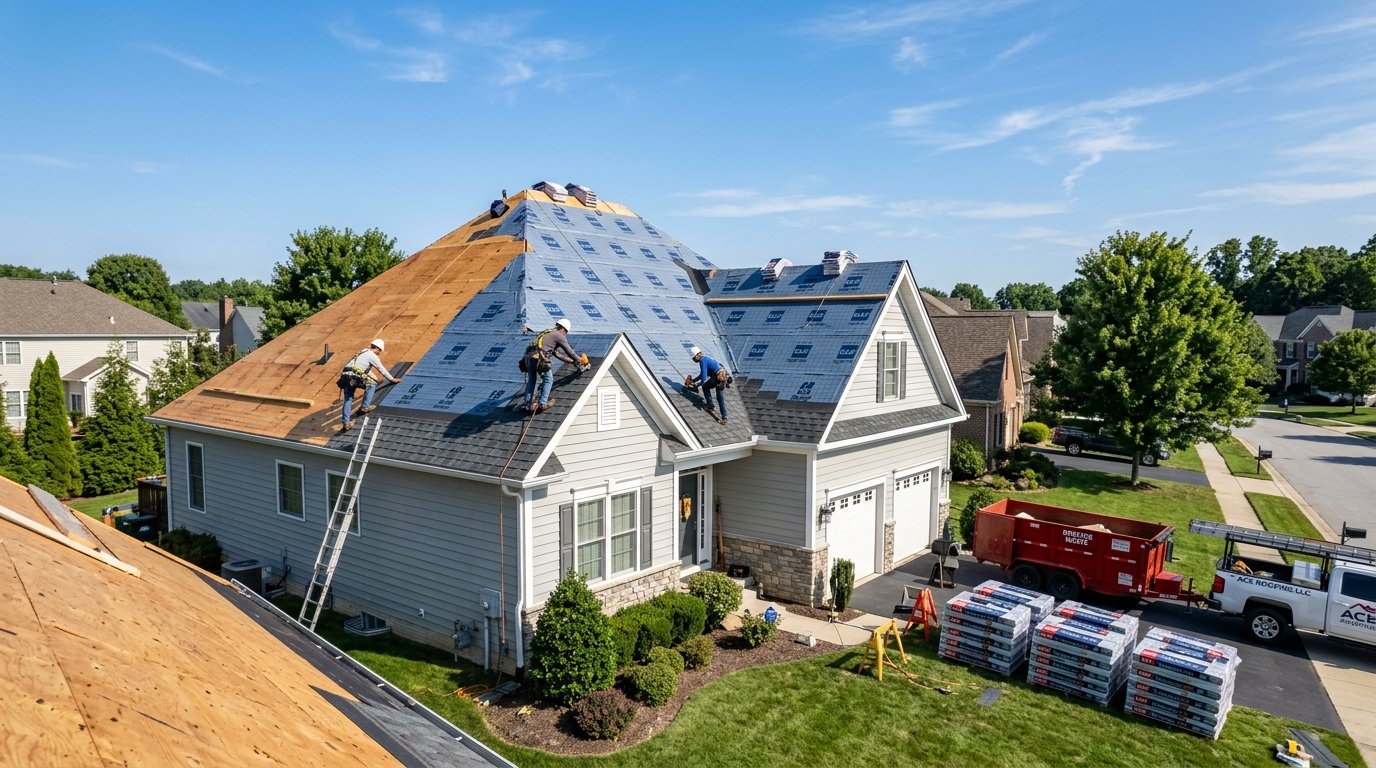 Suburban two-story home undergoing a full roof replacement with new synthetic underlayment and architectural shingles