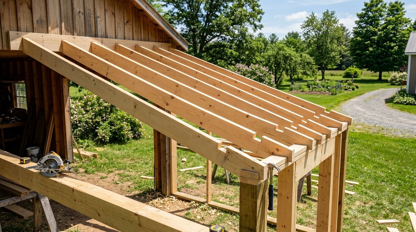 How to Build a Single-Slope Shed Roof: Framing & Layout Wooden single-slope mono-pitch lean-to shed roof structure under construction showing rafters and birdsmouth notches