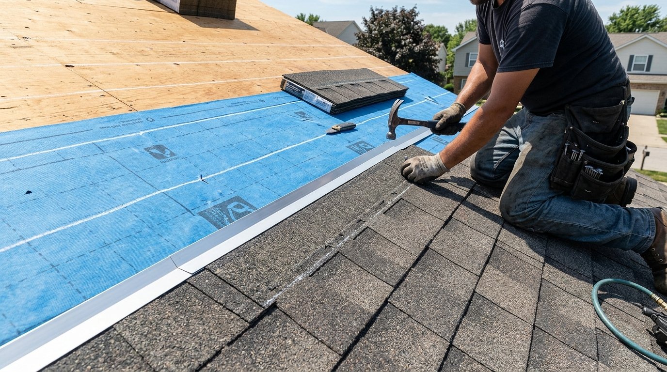 Professional roofer installing asphalt architectural shingles over synthetic underlayment on residential roof deck
