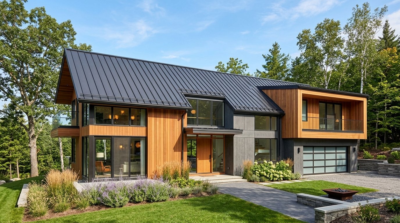 Modern contemporary residential house featuring a dark charcoal standing seam metal roof